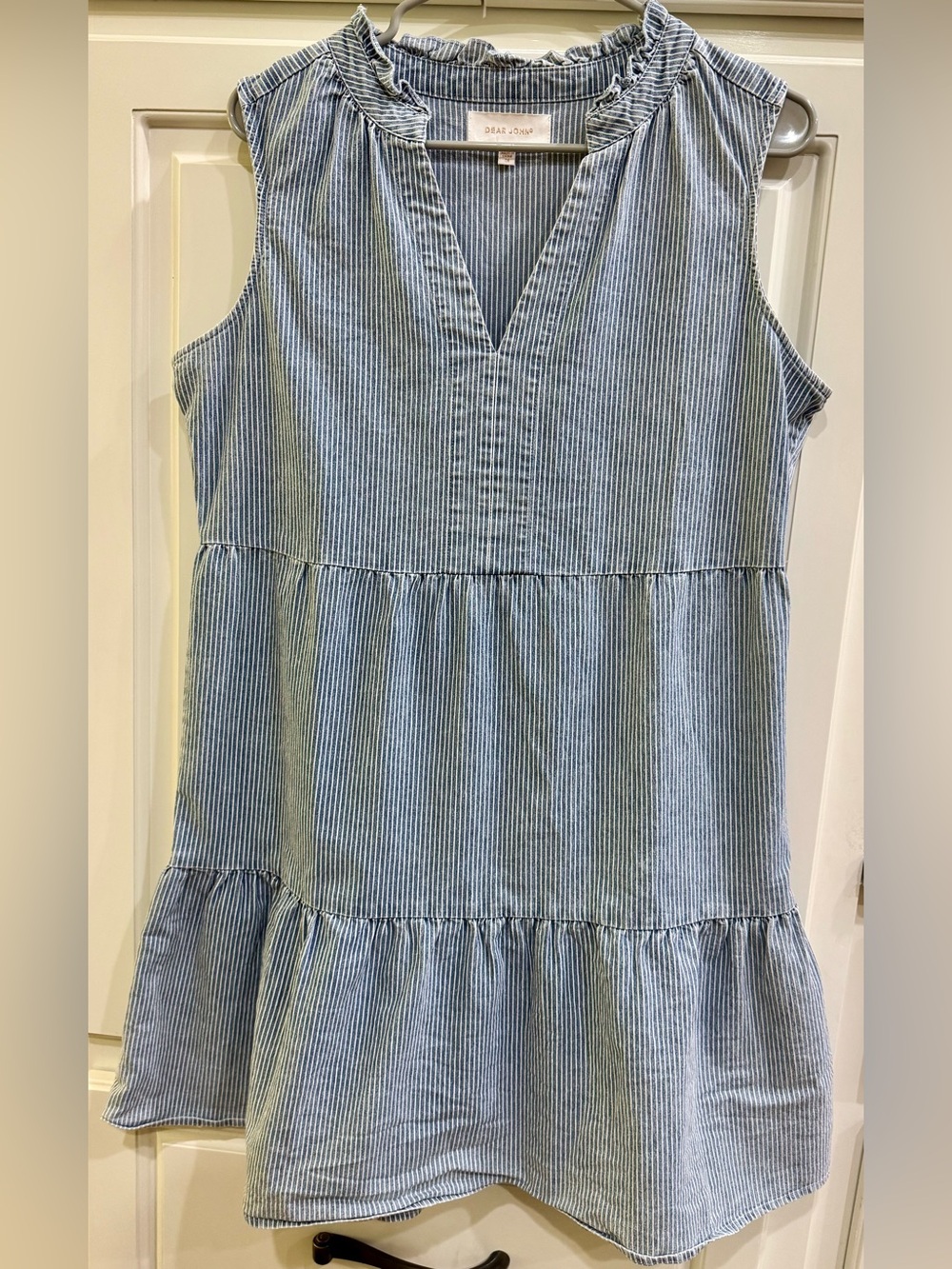 Dear John Blue White Pinstripe Tiered Sleeveless Dress Size Medium